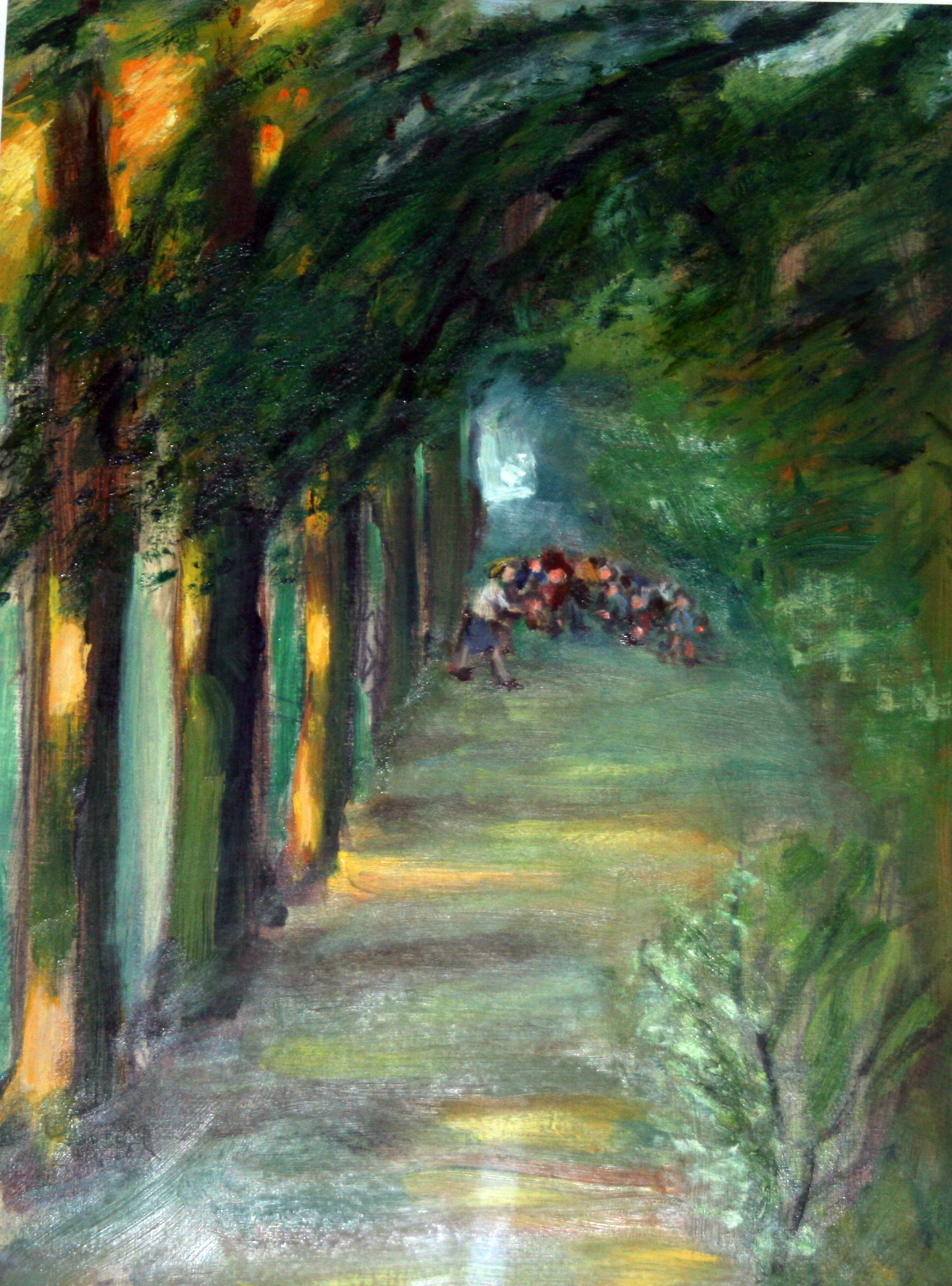 Een groep kinderen op een pad in het bos