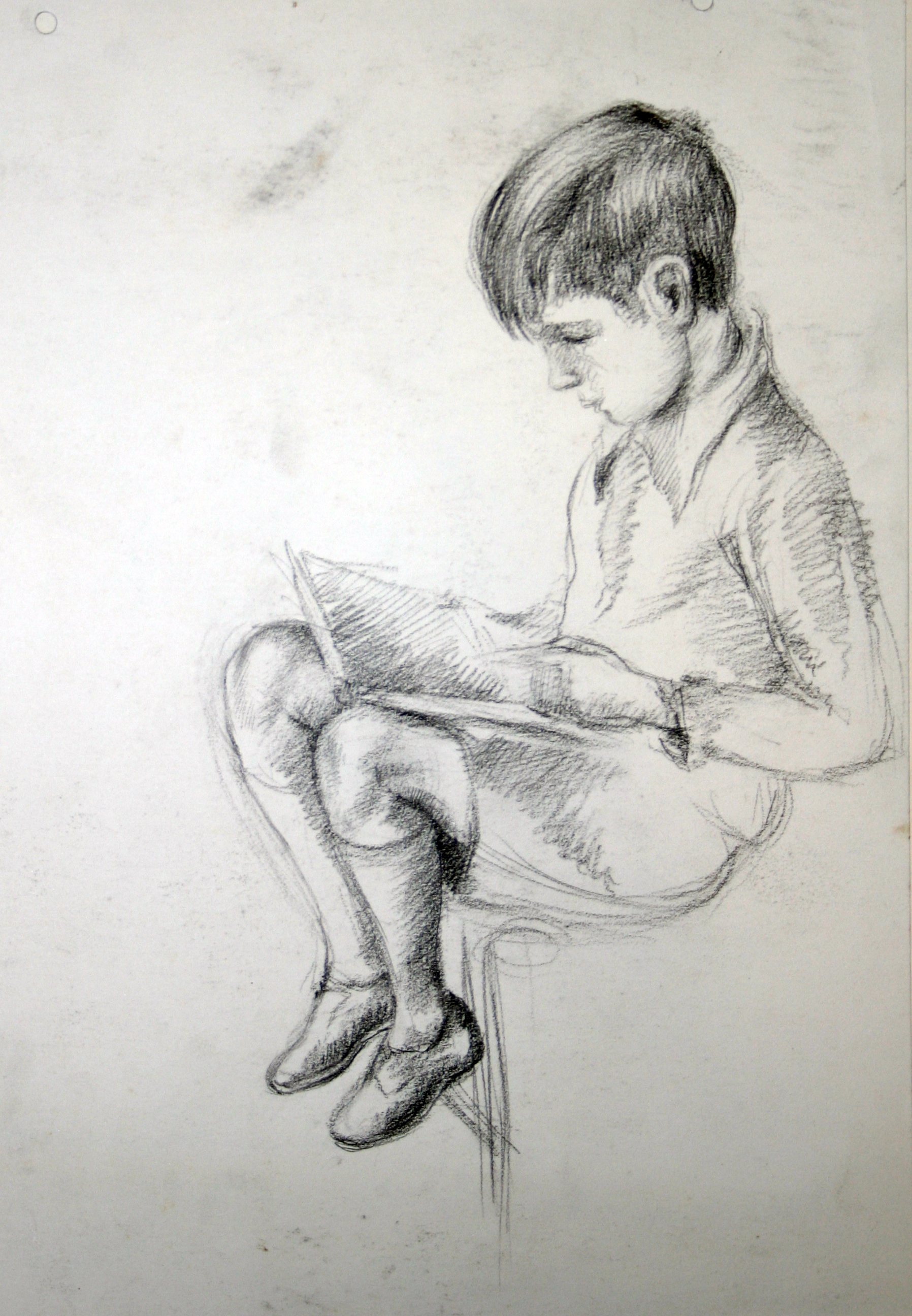 Jongetje zit te lezen, tekening