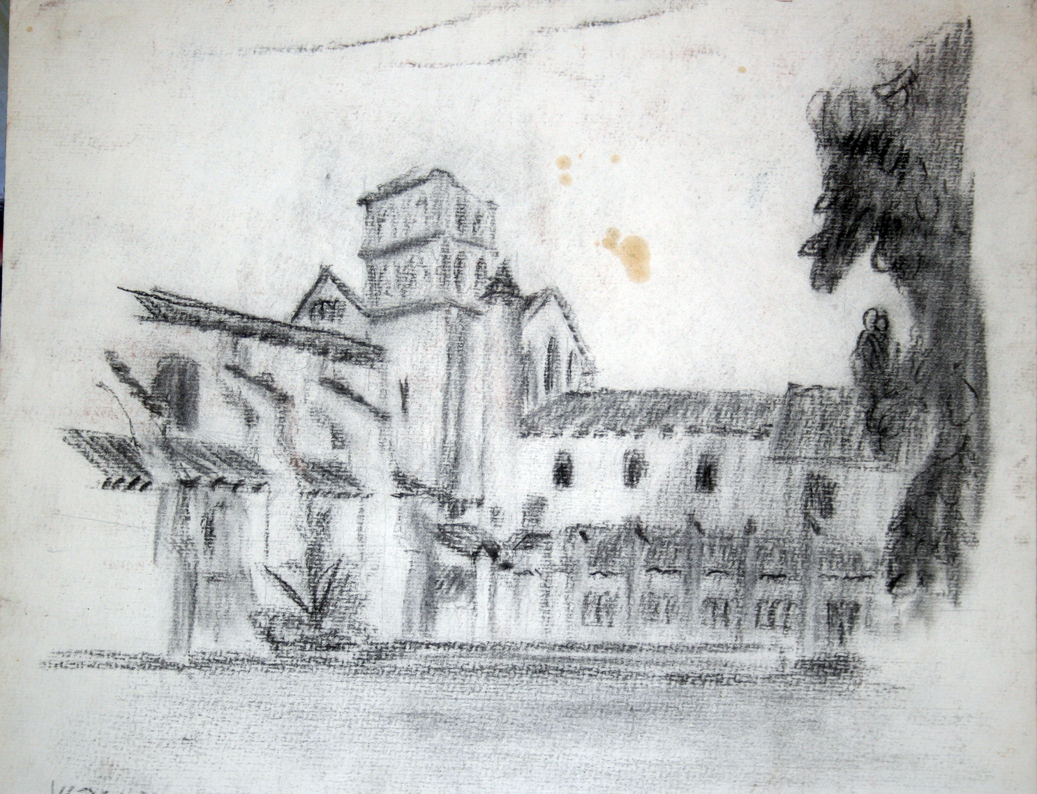Aanzicht op dorpskerk, tekening