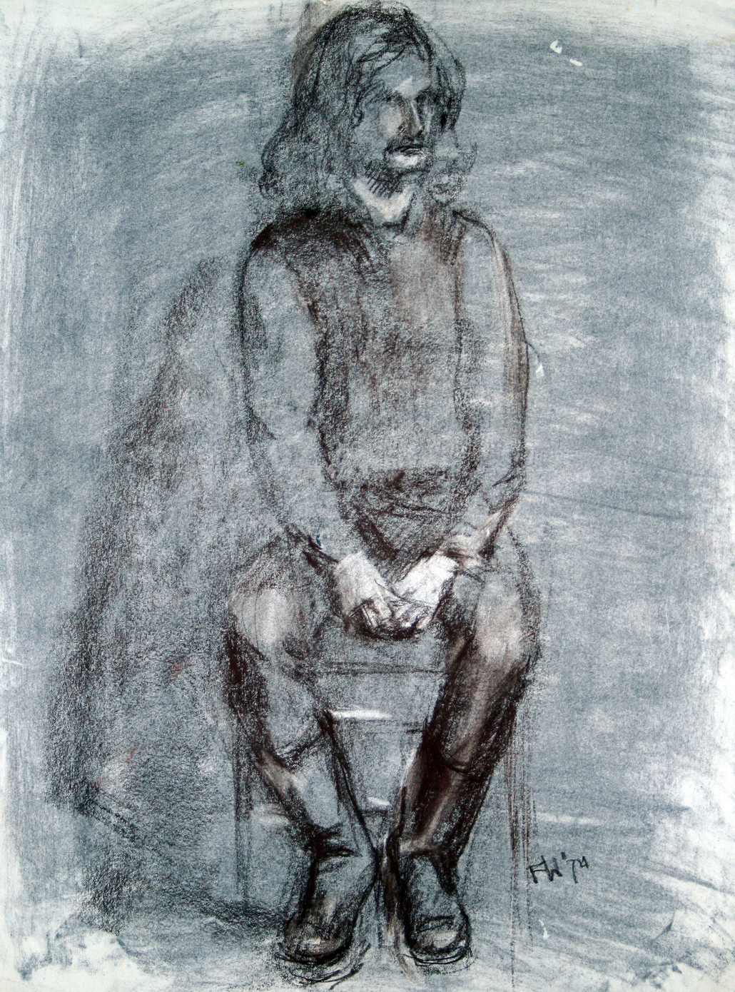 Man met lang haar en leren laarzen, tekening