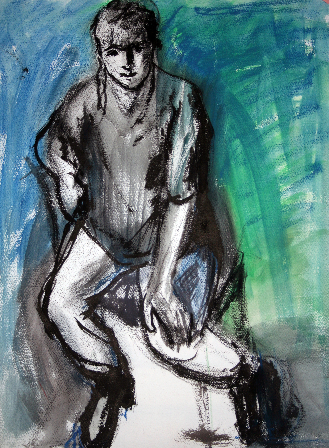 Vrouw met hand op knie, studie