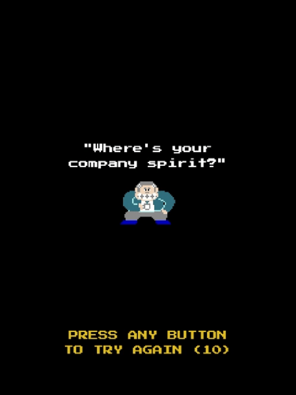 Bossy Kong continue screen. The boss says "Where's your compnay spirit?" while laughing. A continue countdown.