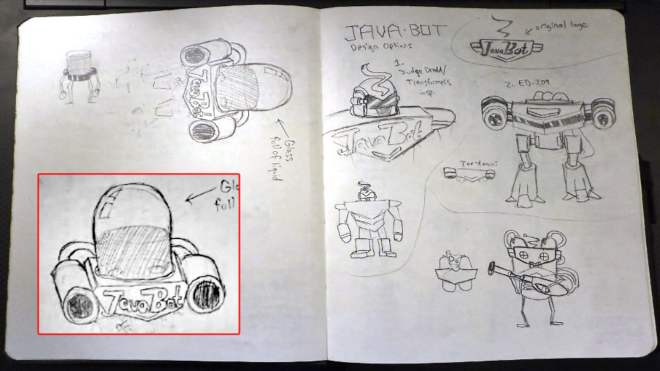 A notebook page shows sketches of different JavaBot 3000 character designs.