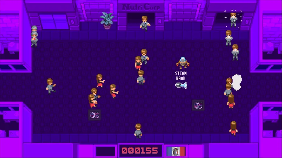 JavaBot 3000 gameplay, showing a sweeping steam laser.