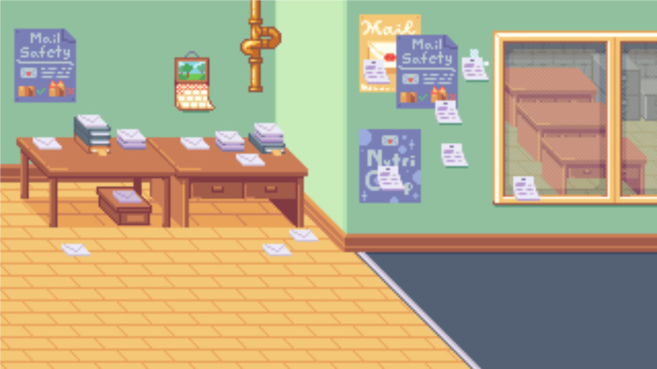 Mail Room Mayhem level pixel art.