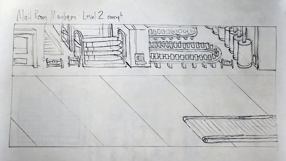 A notebook page showing sketches for a Mail Room Mayhem level.
