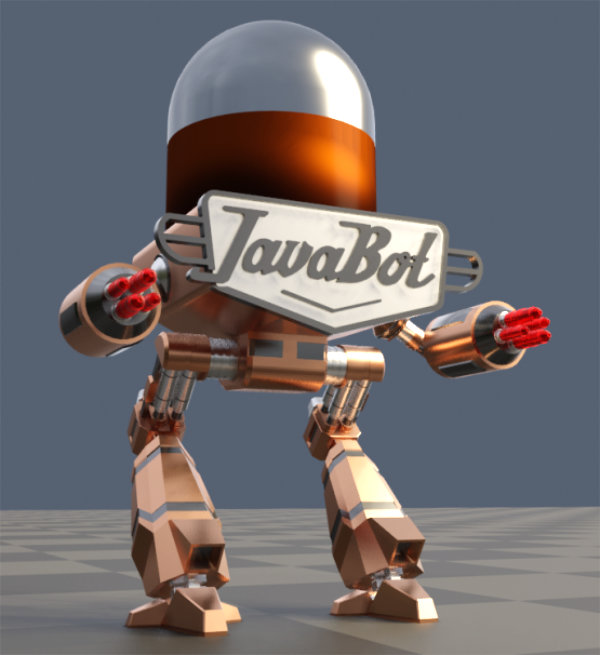 A 3D render depicting the JavaBot 3000 character.