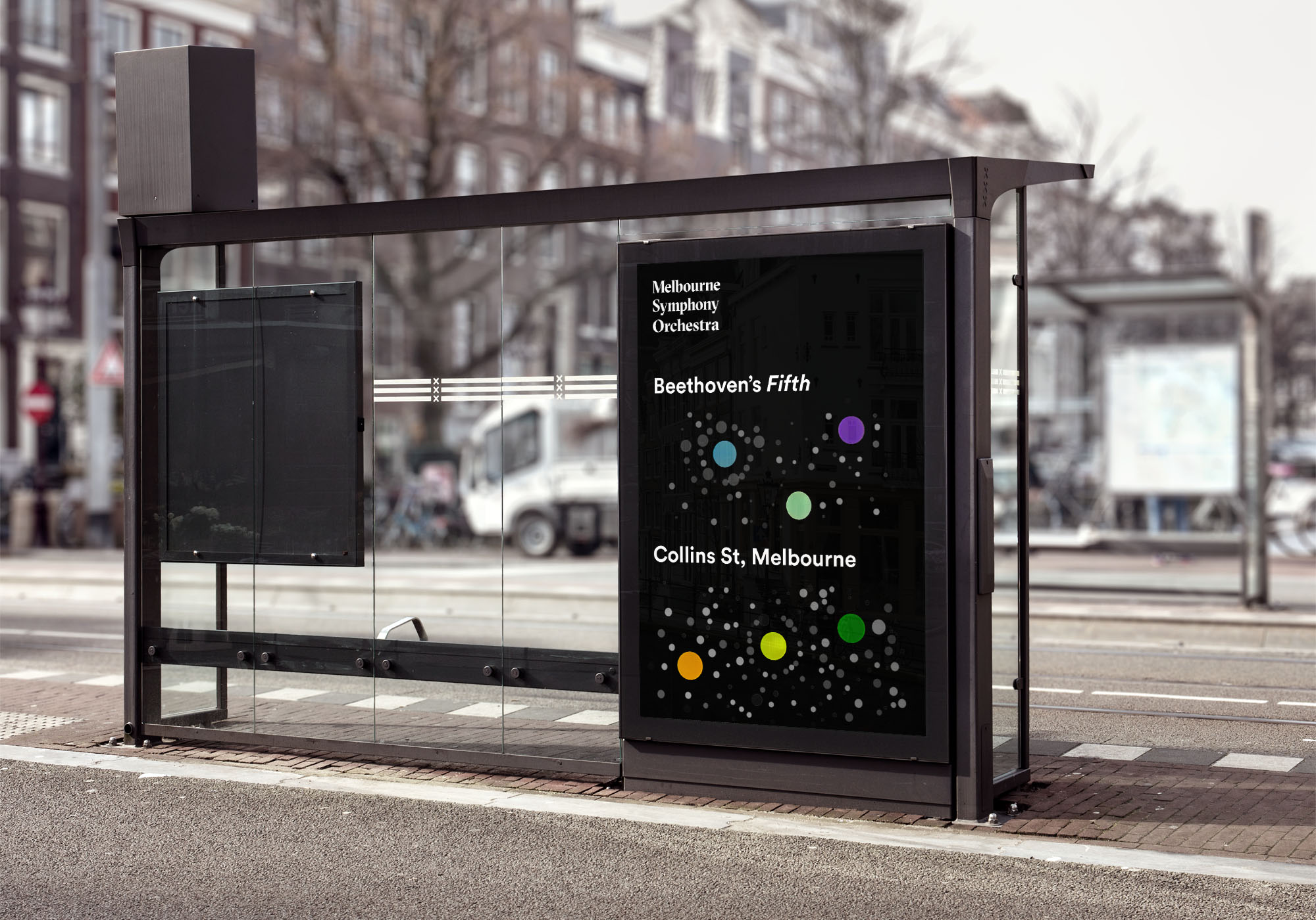 A tram stop advertisement poster with a sound installation depicting the sounds of the surrounding streets