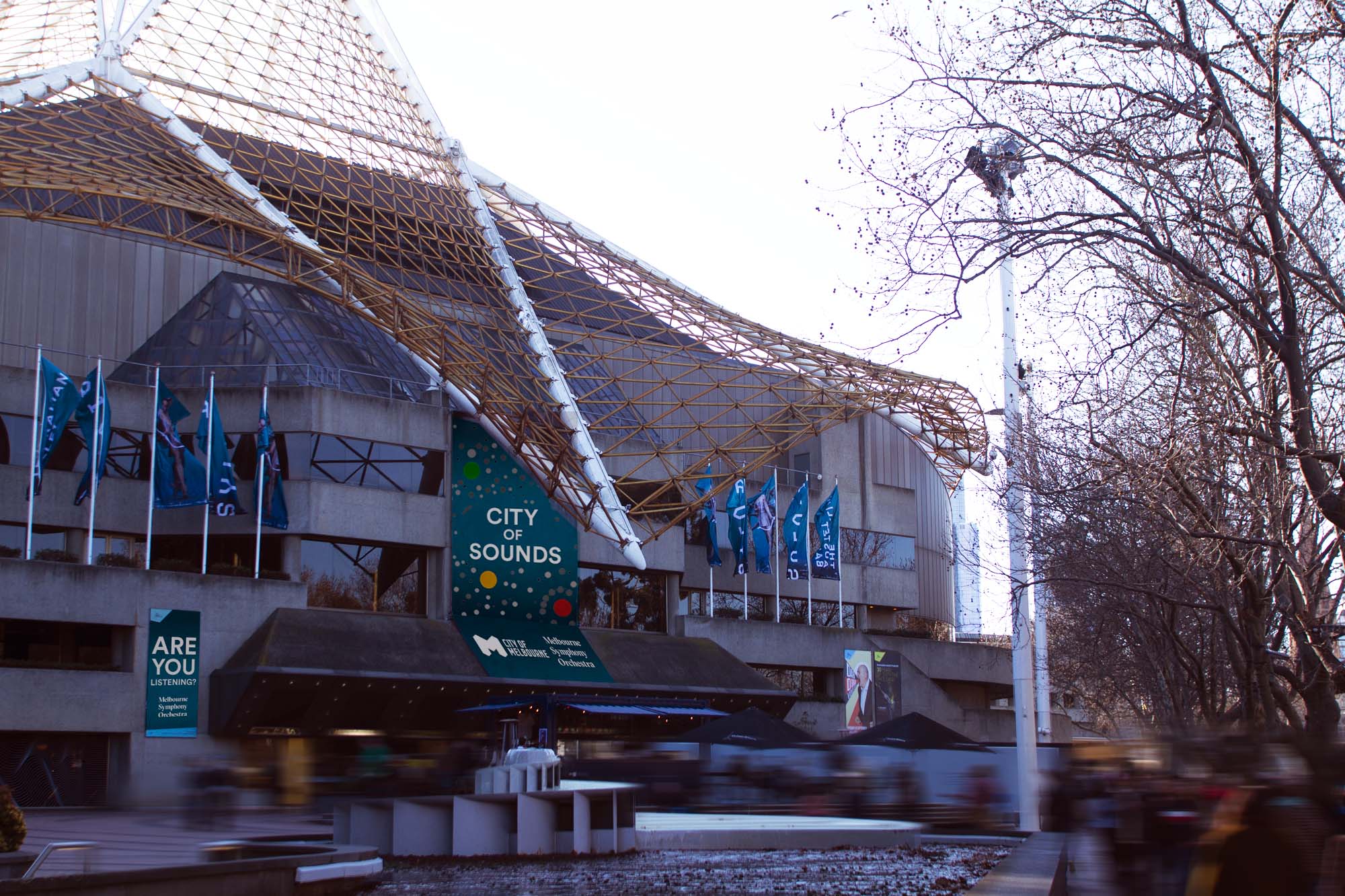 The entrance to the Arts Centre in Melbourne, Victoria showcasing the City of Sounds installation