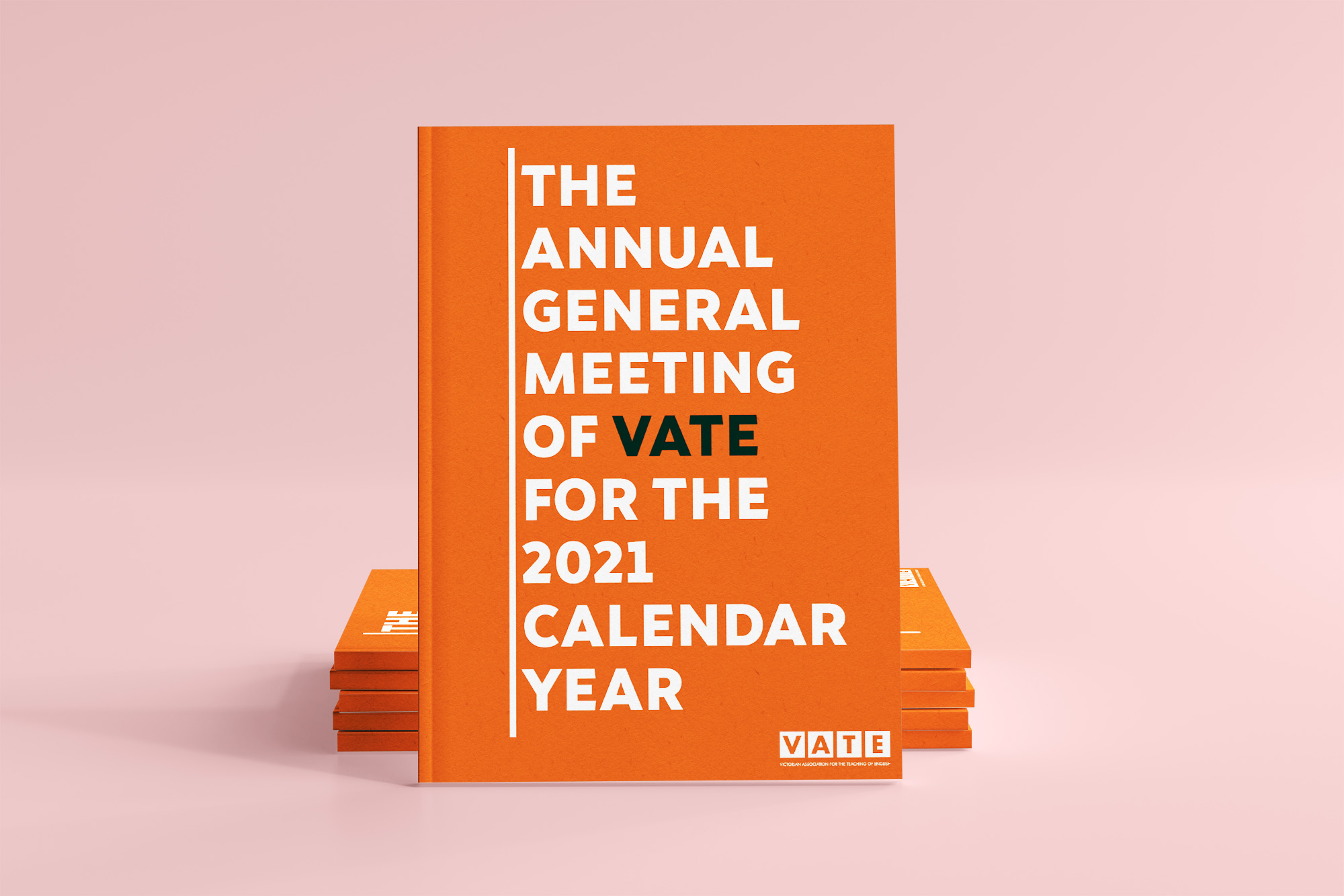 A front facing shot of an orange report front cover for VATE