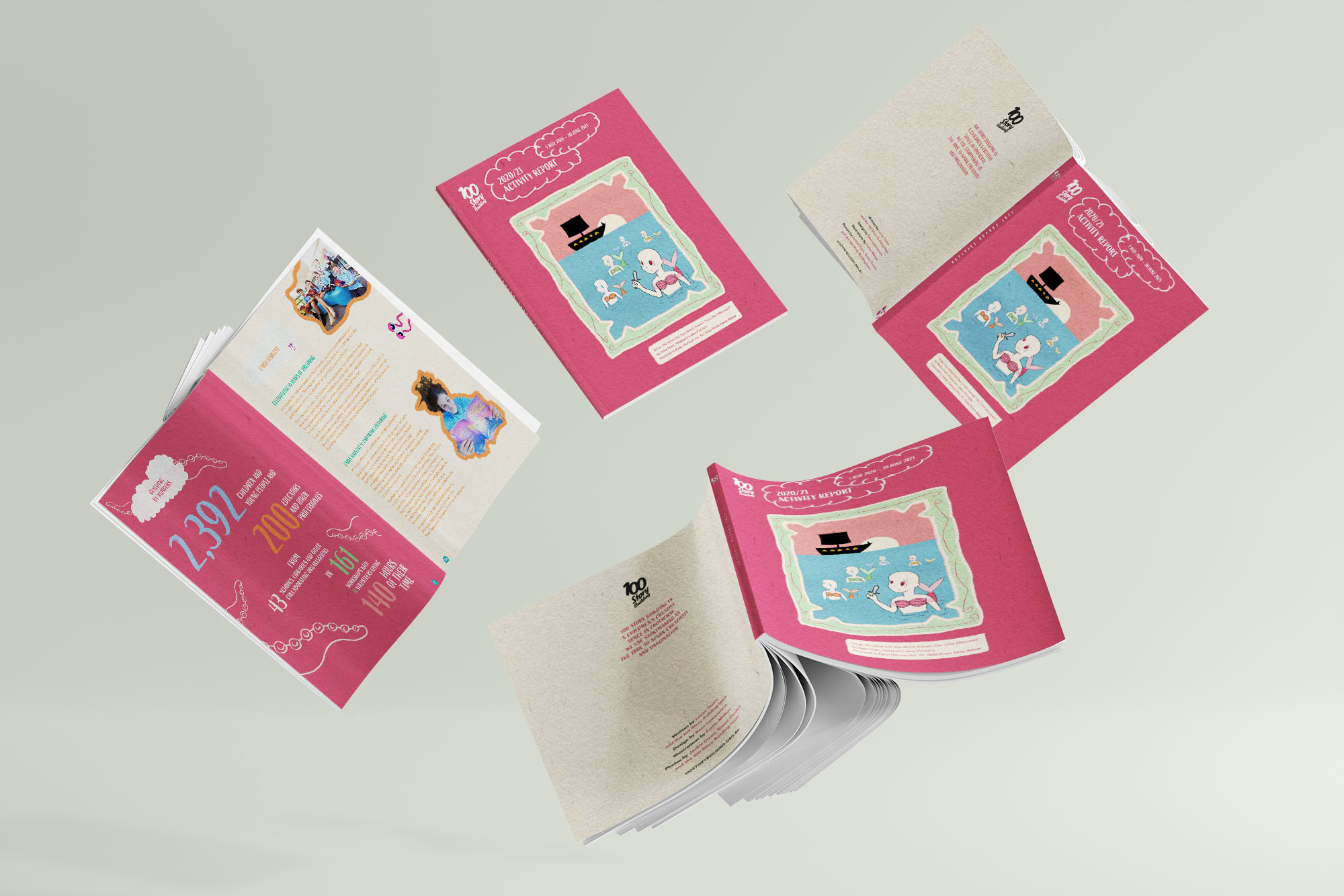 Flying copies of the 100 Story Building report falling at different angles