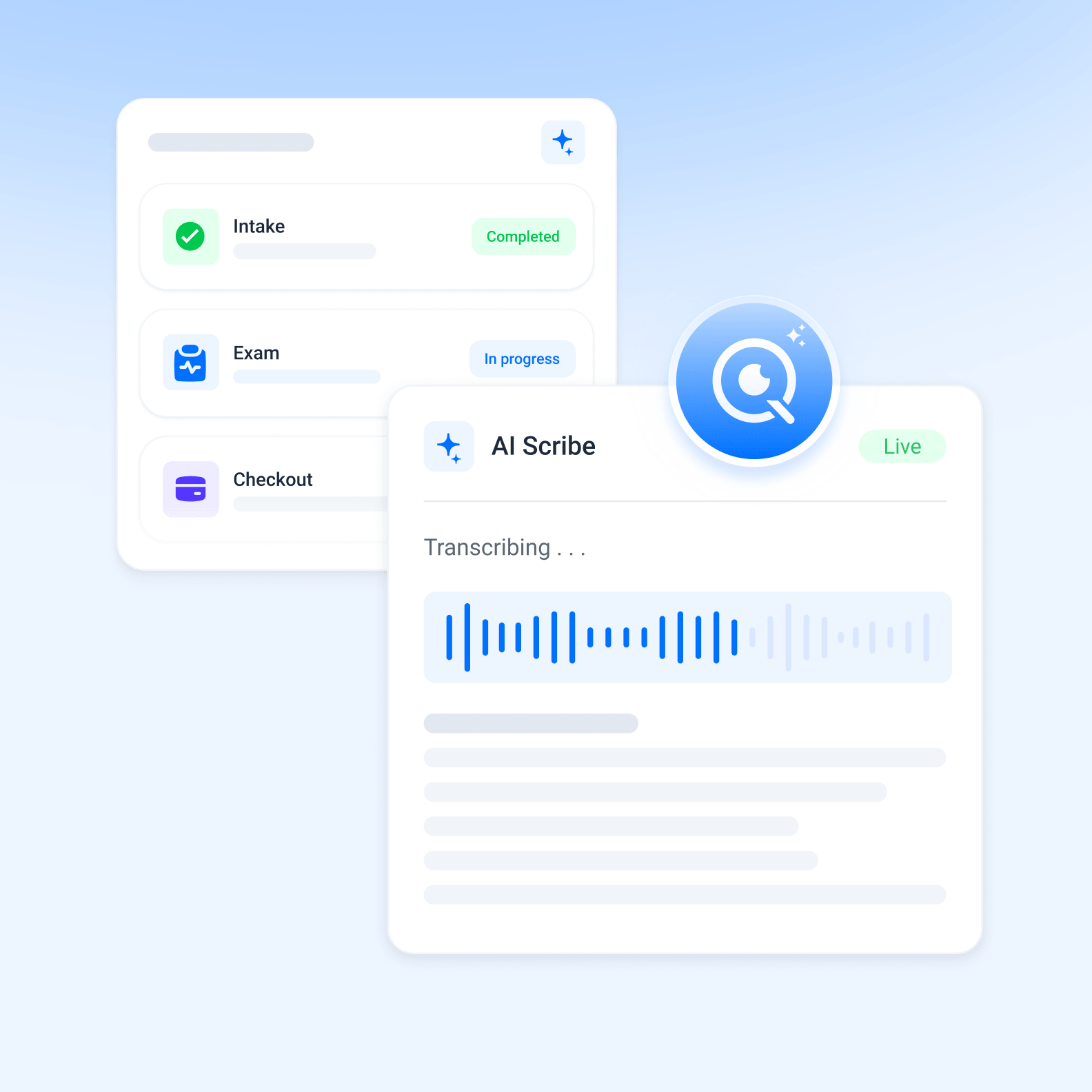 Live AI scribe voice transcription panel