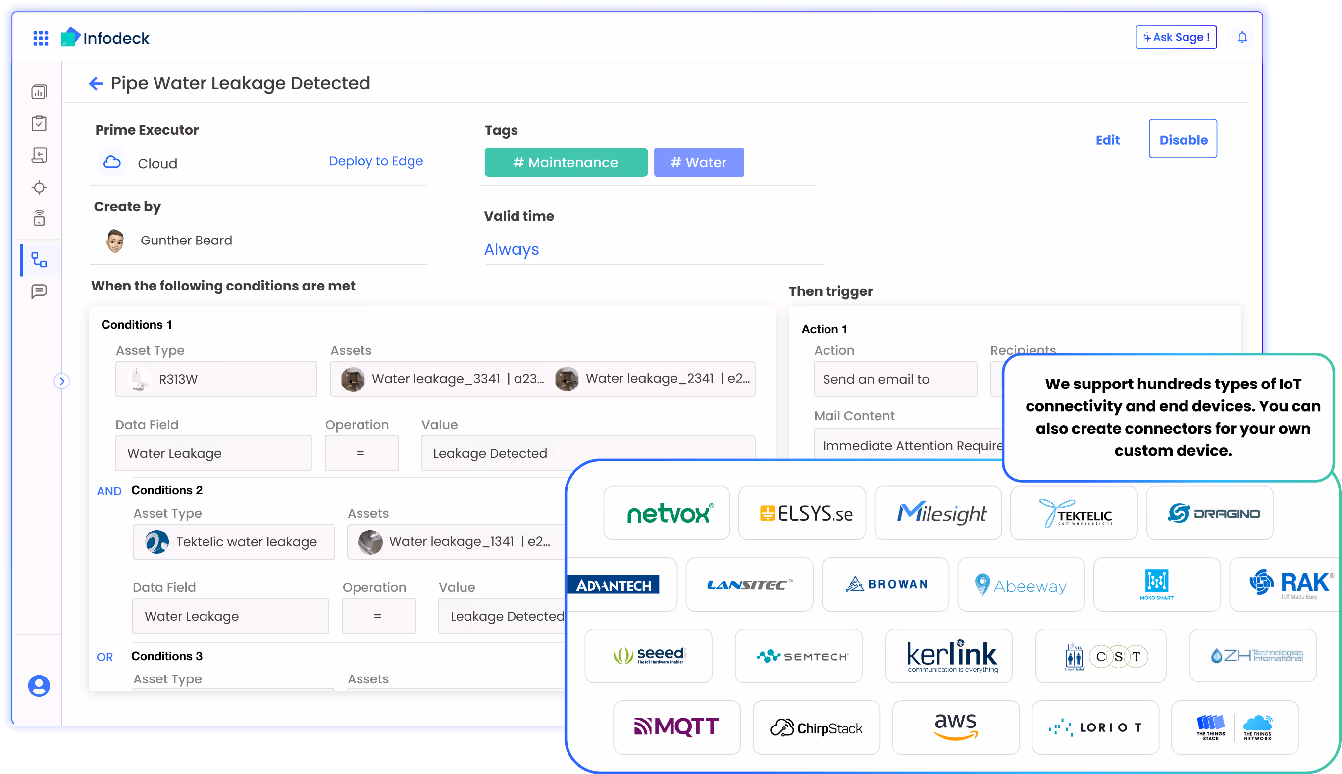 Infodeck water leakage detection interface with IoT device connectivity options