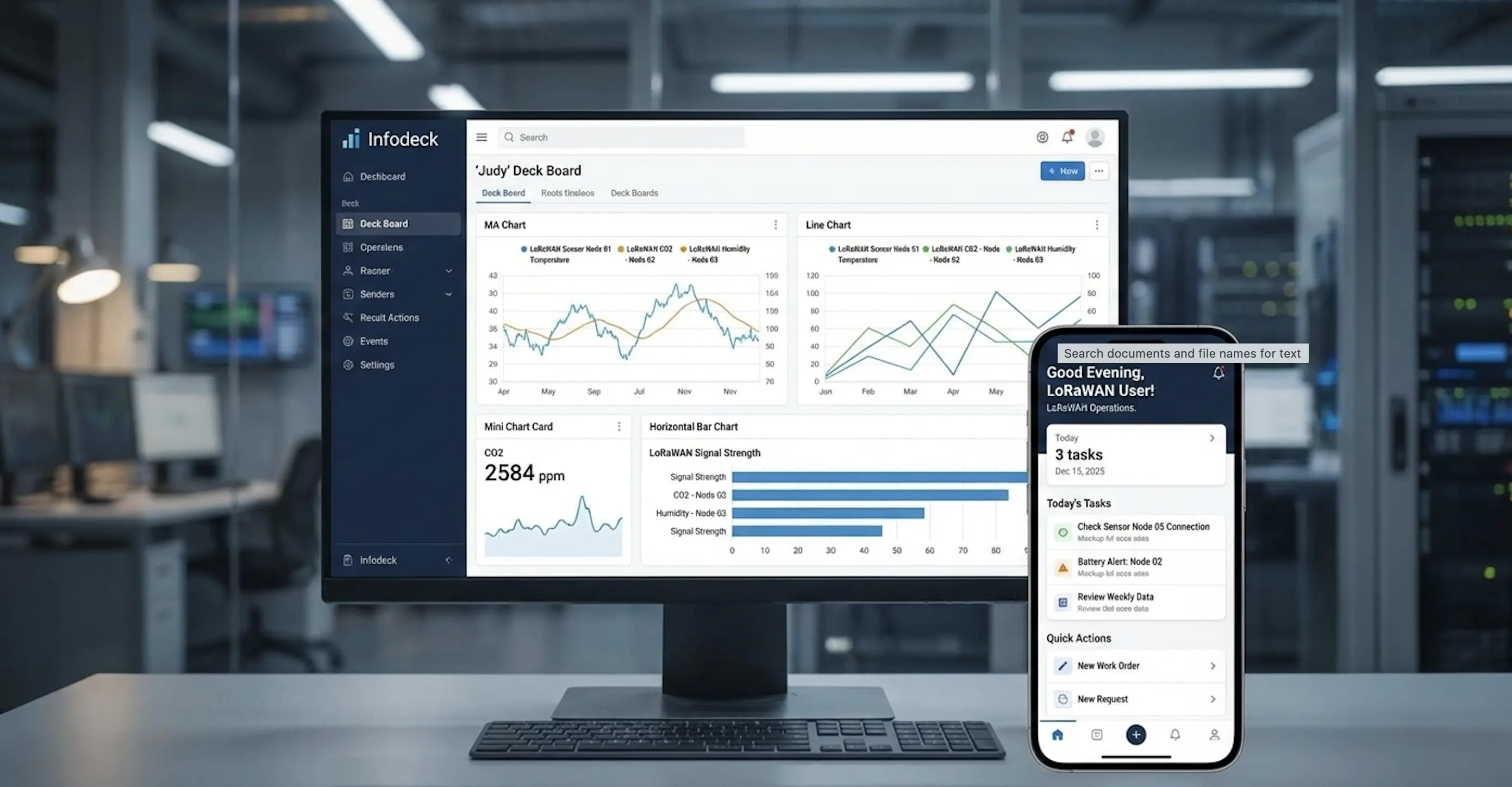 Desktop monitor showing Infodeck dashboard with charts and graphs, and a smartphone displaying a task list for LoRaWAN user.