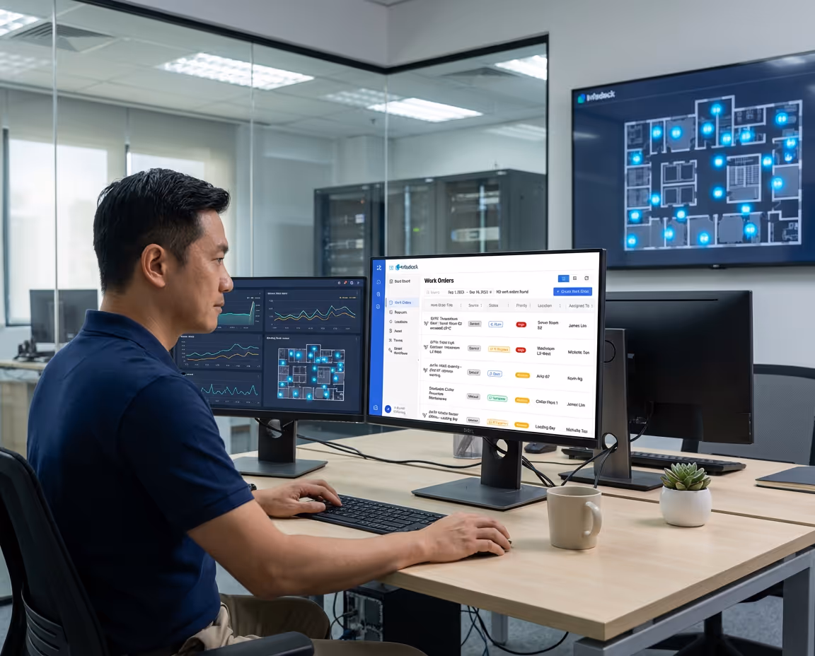 Desktop monitor showing Infodeck dashboard with charts and graphs, and a smartphone displaying a task list for LoRaWAN user.