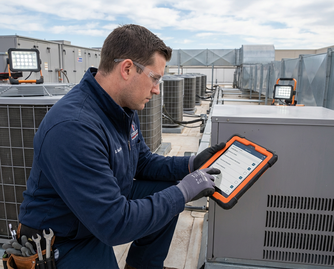 Maintenance technician using mobile CMMS app on tablet while performing equipment inspection