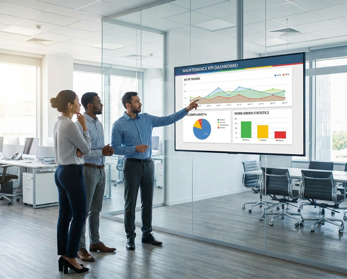 Facilities team reviewing CMMS performance dashboard showing maintenance KPIs and metrics
