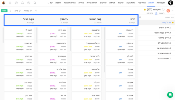 עריכת עמודות בתצוגת לוח לקוחות במערכת