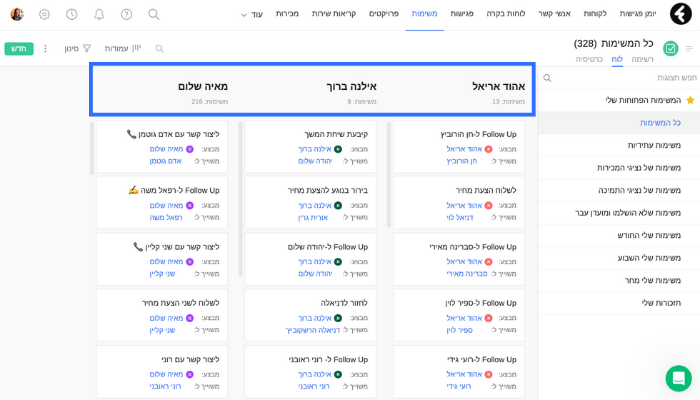 תצוגת לוח באובייקט משימות במערכת