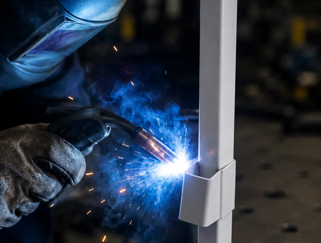 Welding a steel corner joint in the Prime Sukkah workshop