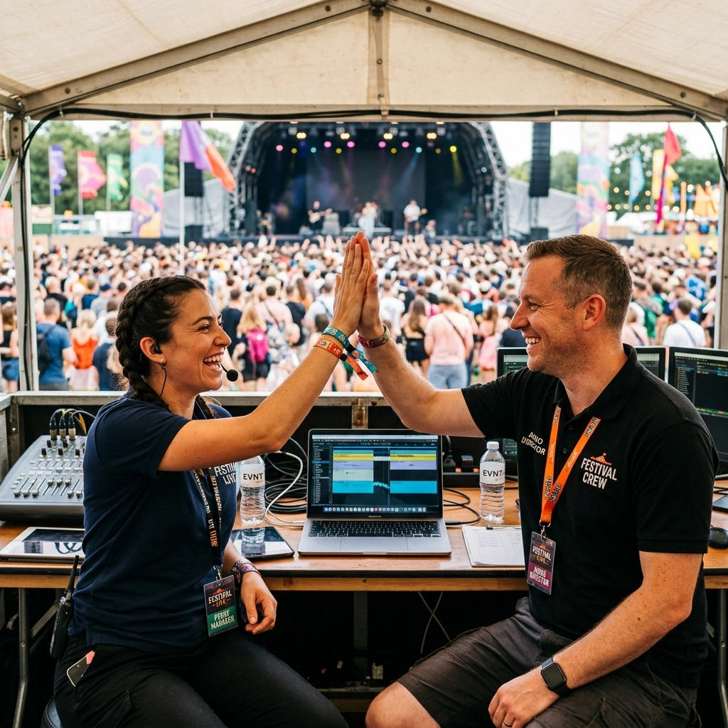 Successful festival organizers high-fiving