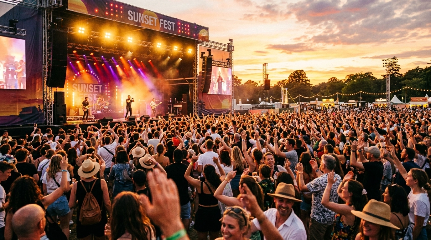 High-energy community festival crowd at sunset