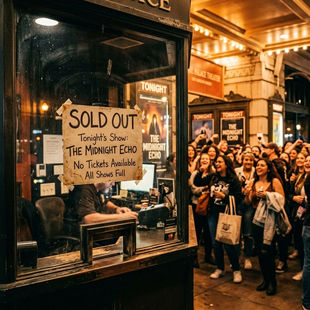 A close-up shot of a 'Sold Out' sign at a box office window