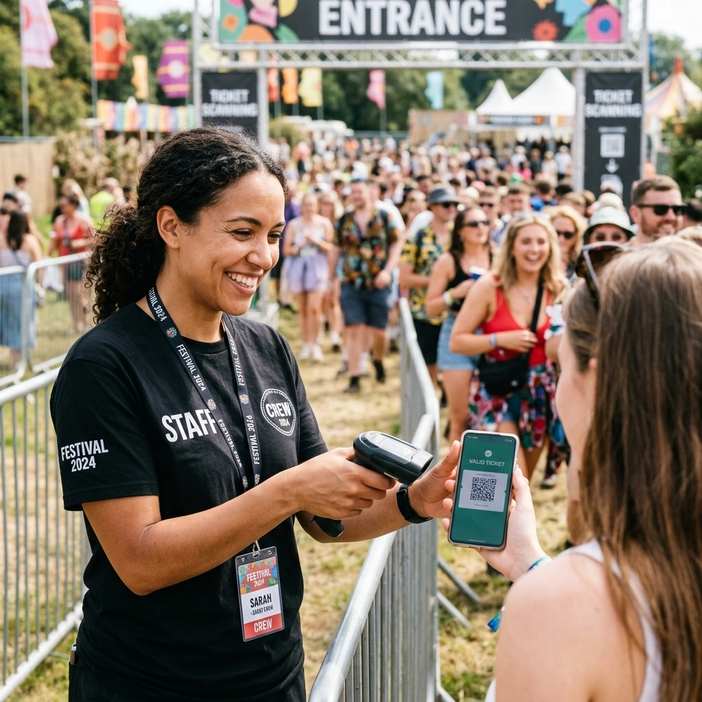 A smiling event organizer using a smartphone to quickly scan a digital ticket