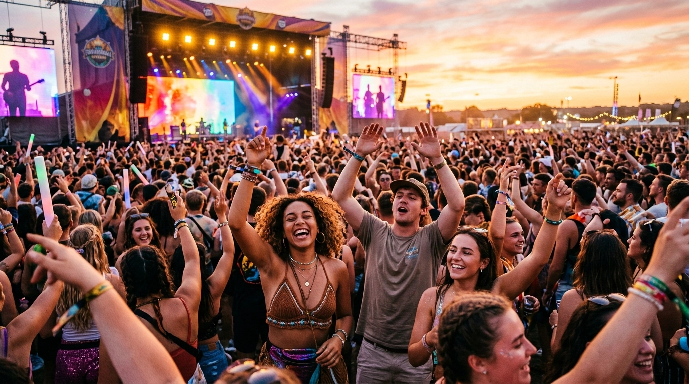 A high-energy, vibrant music festival at golden hour