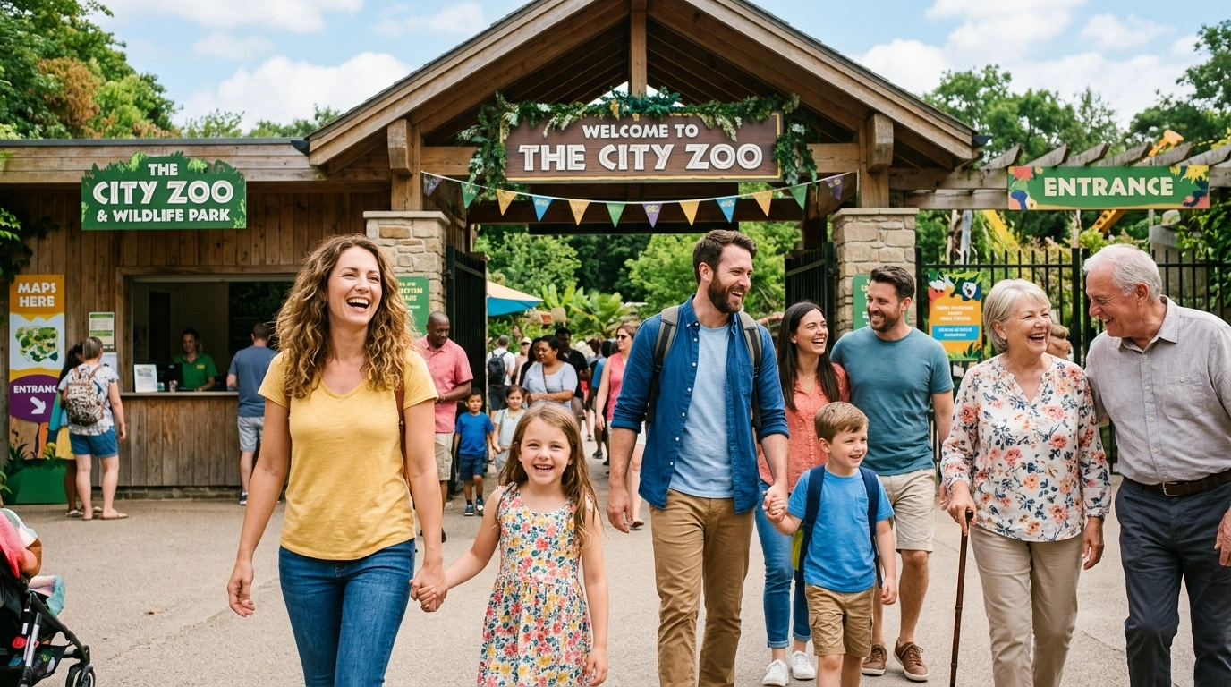 A group of happy people, families and friends, entering a zoo or museum