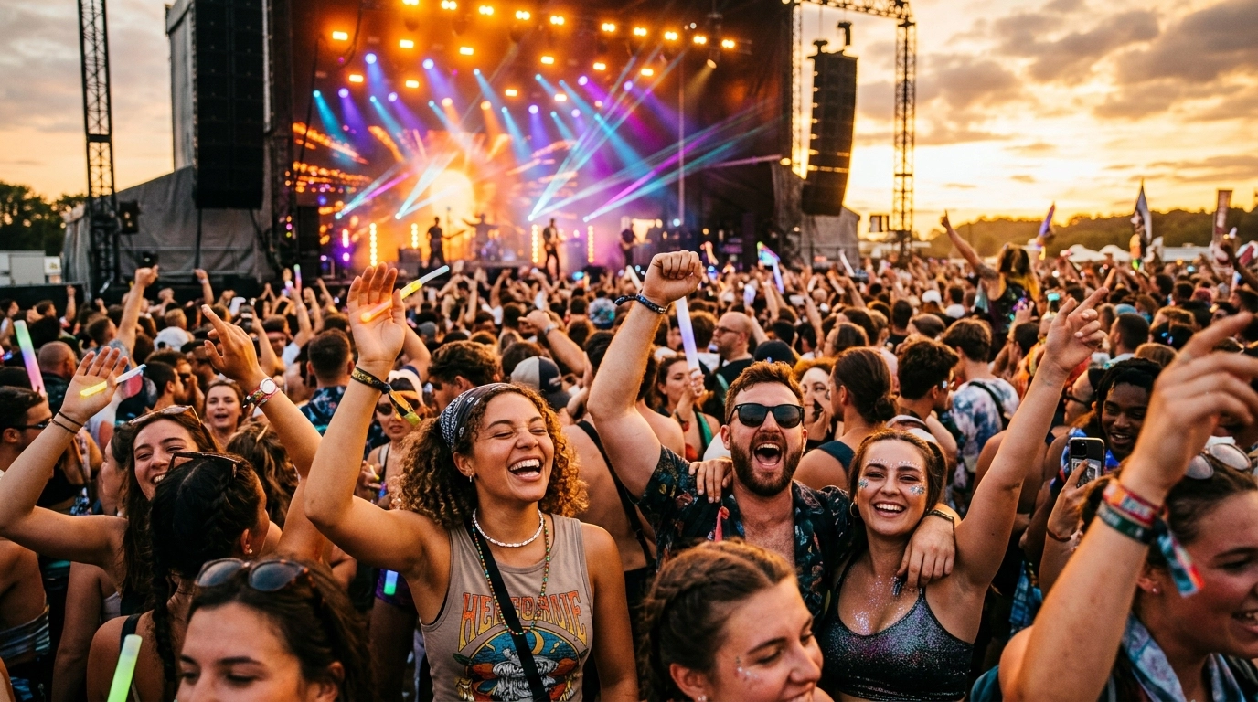 A vibrant music festival crowd at sunset, high-energy atmosphere, warm golden lighting hitting the audience.