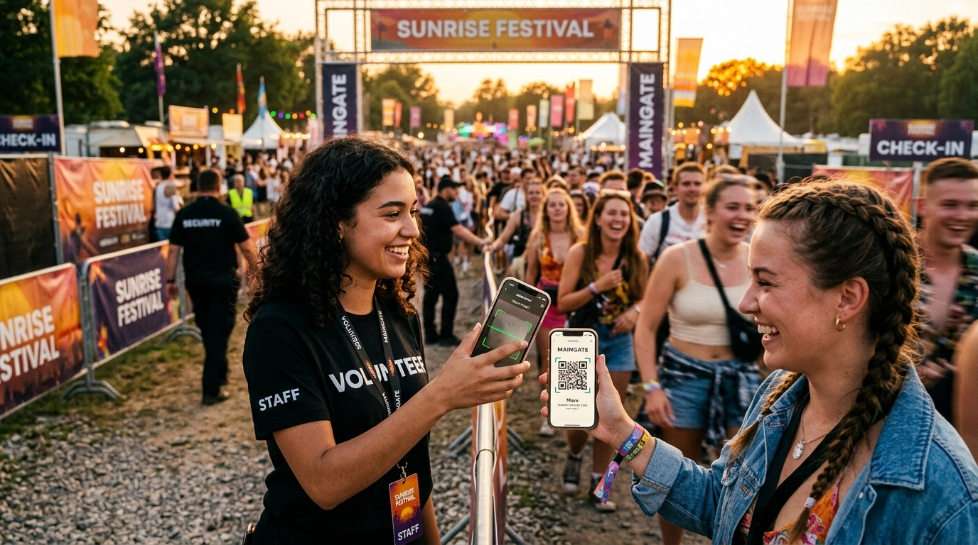 A staff member uses a smartphone running the MainGate app to scan a ticket displayed on another smartphone at a busy festival entrance.