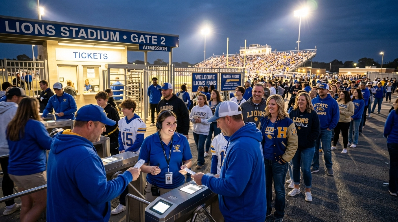 An evening high school football game scene, focusing on the gate entry area where people are being checked in.