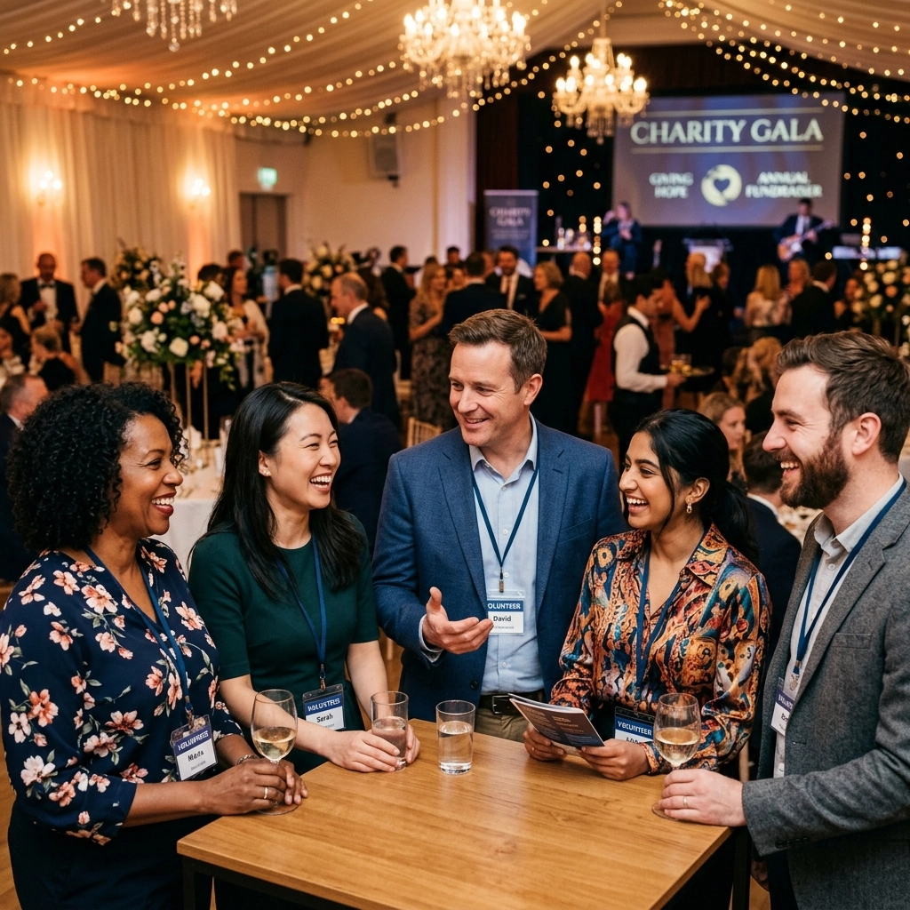 A group of diverse volunteers at a charity gala or fundraiser event, smiling and engaged in conversation.