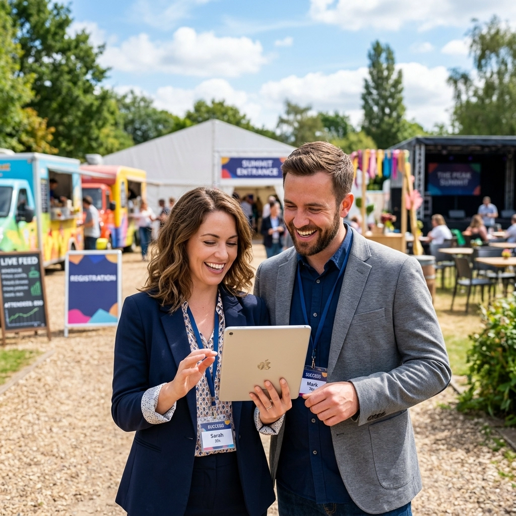 Two professional event organizers looking at a tablet together with smiles of success in a sunny outdoor venue.