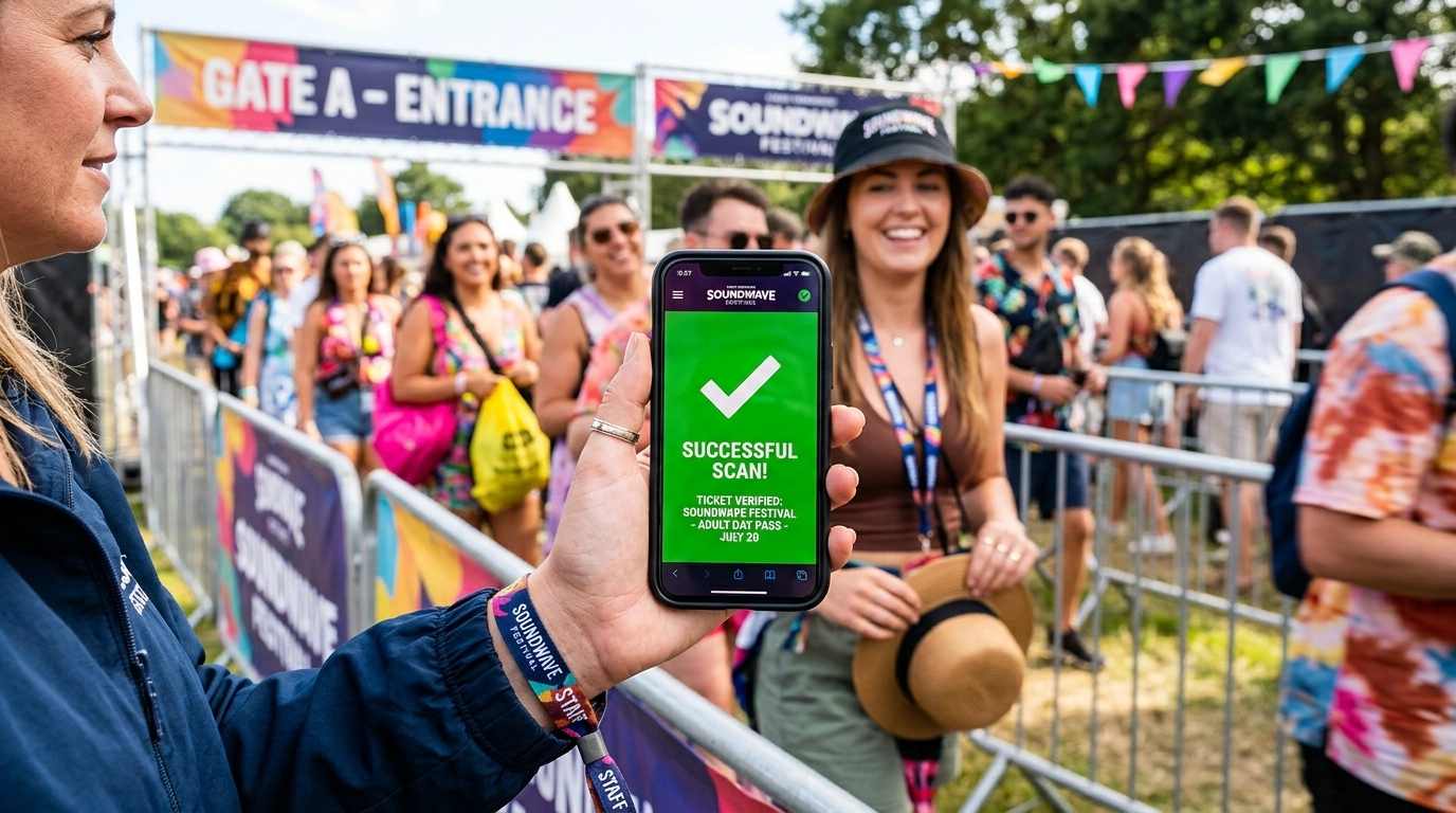 Event organizer scanning a ticket at a busy festival gate