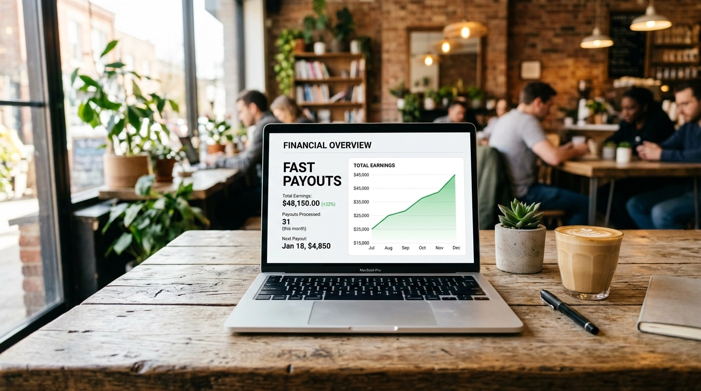 Laptop showing a financial dashboard with Fast Payouts text