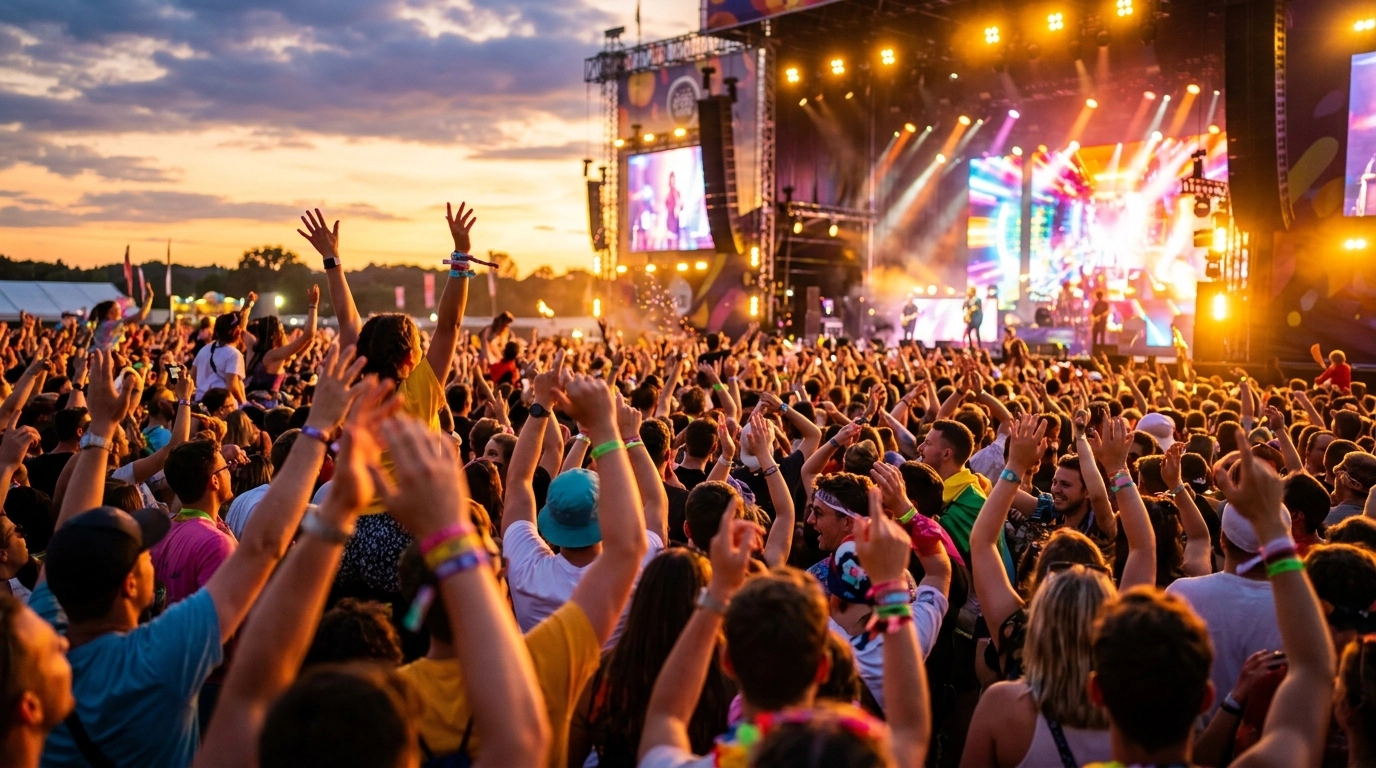 Vibrant music festival crowd at sunset