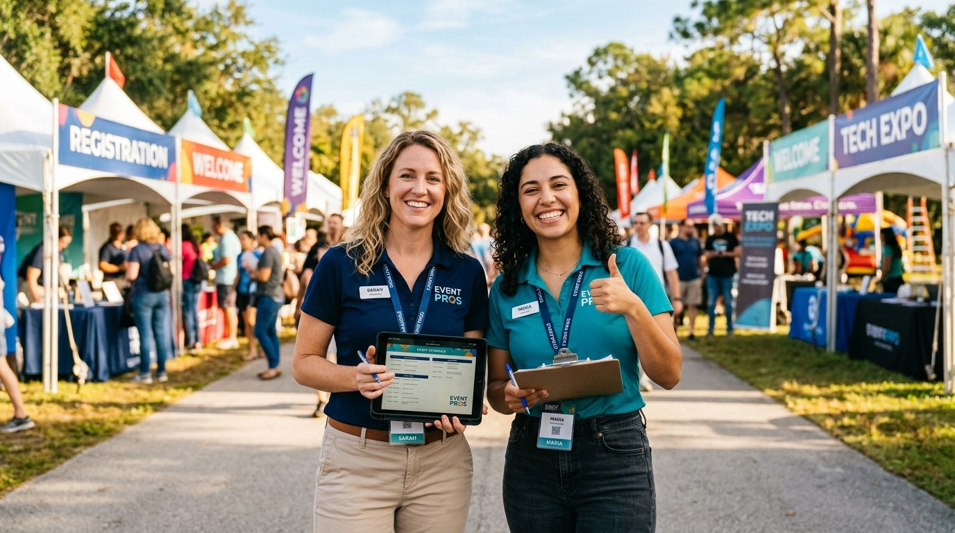 Happy event organizers at a sunlit outdoor venue