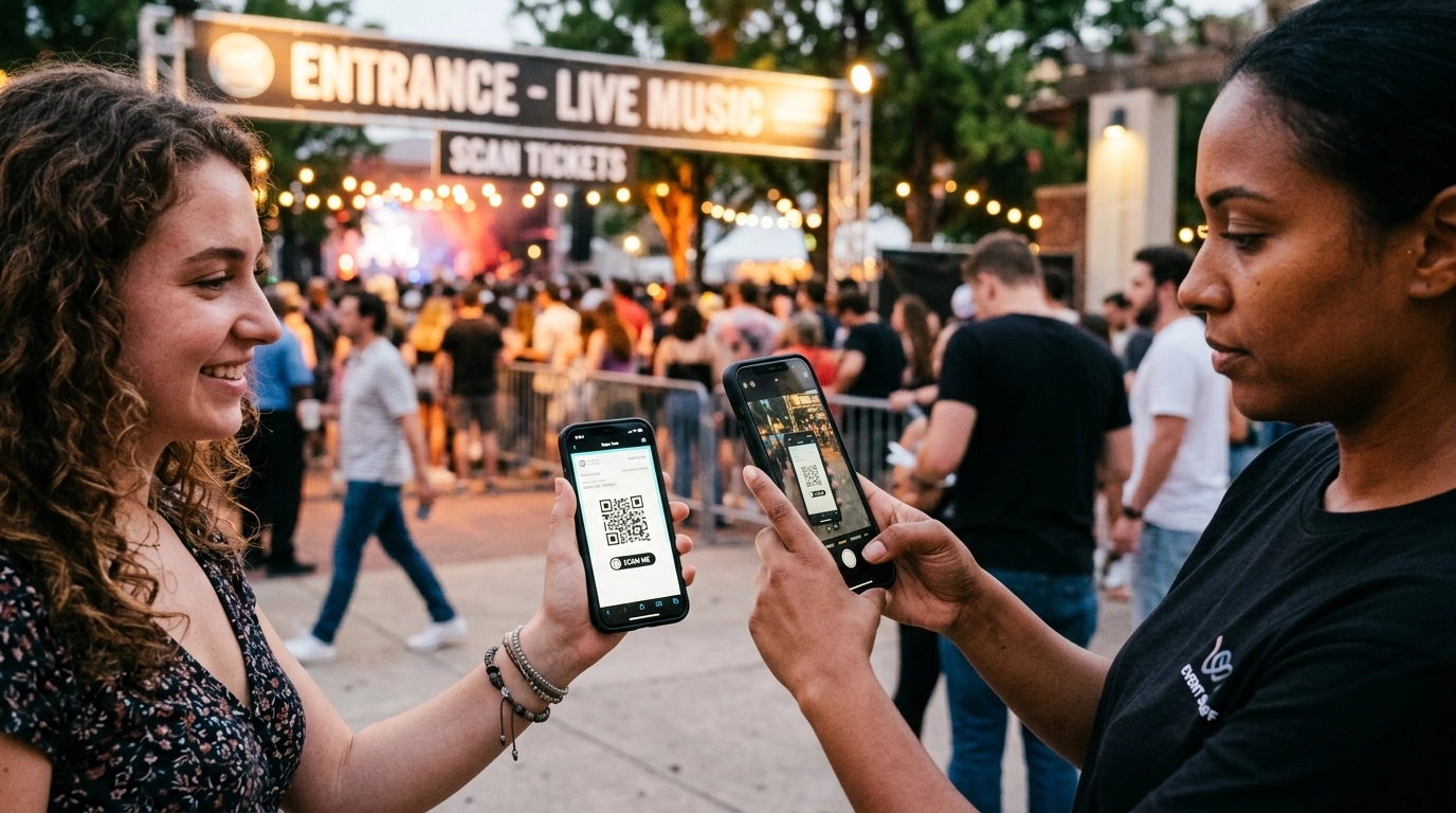 A close-up shot at an event entrance gate. A person's hand is holding a standard smartphone to scan a QR code ticket displayed on another person's smartphone screen, showing a clear phone-to-phone interaction with no specialized hardware.