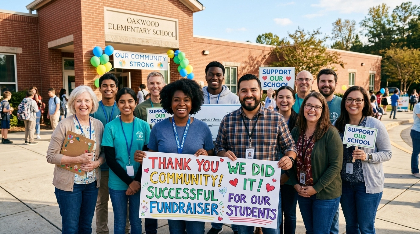 A group of diverse volunteers and teachers standing in front of a school building, smiling warmly at the camera.