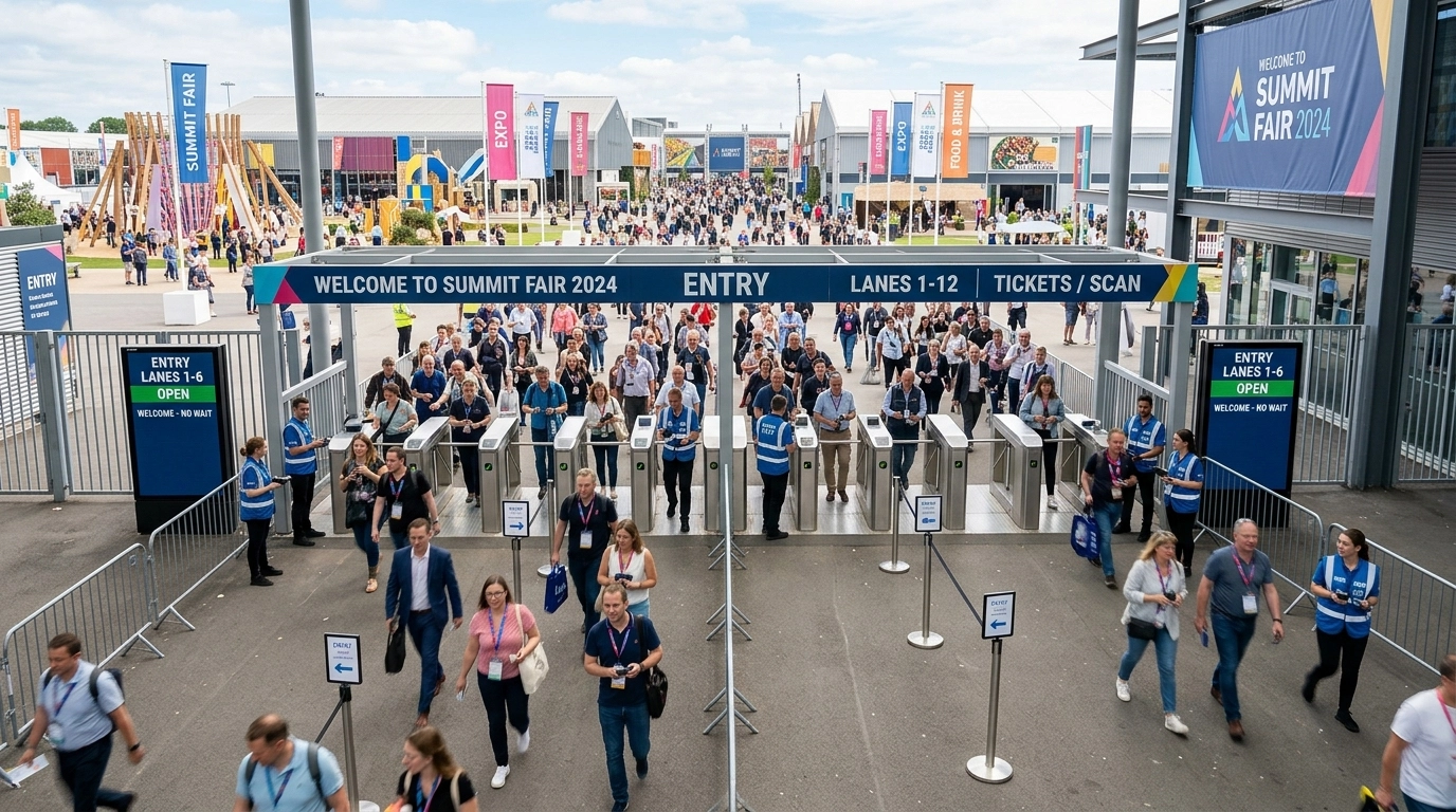 A wide shot of a busy but organized entrance at a large event or fair. People are moving quickly and smoothly through the gates.