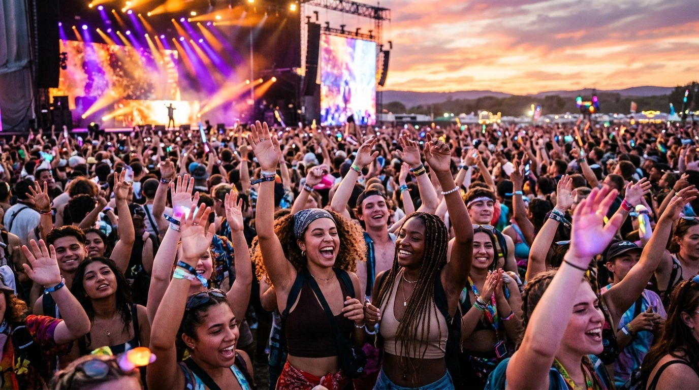 A vibrant, high-energy outdoor music festival at sunset. A large, diverse crowd of happy people with their hands in the air, glowing under warm golden stage lights and colorful purple and orange spotlights.