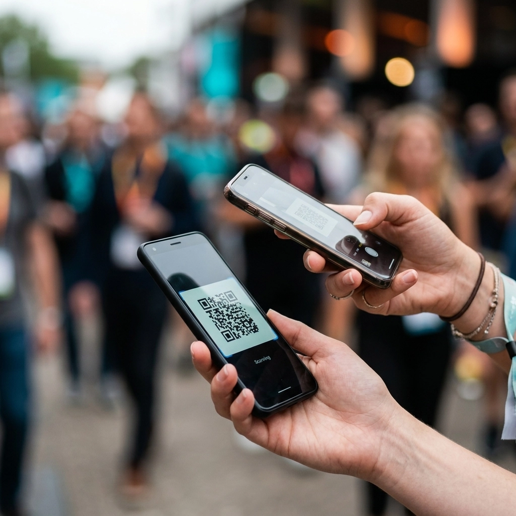 A realistic photograph of one person using a smartphone to scan a QR code ticket displayed on another person's smartphone at a busy event entrance. The two phones are in sharp focus, with a professional, fast-paced atmosphere and a softly blurred crowd in the background.