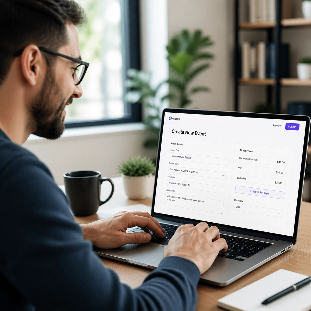 A person using a laptop to easily set up an event with a simple one-page form