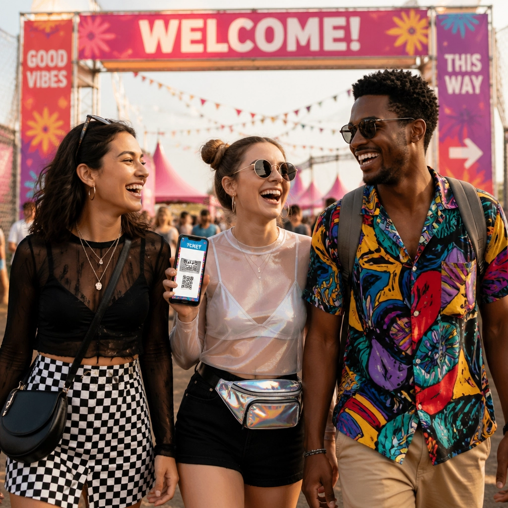 Friends laughing and entering a festival quickly while holding a smartphone ticket