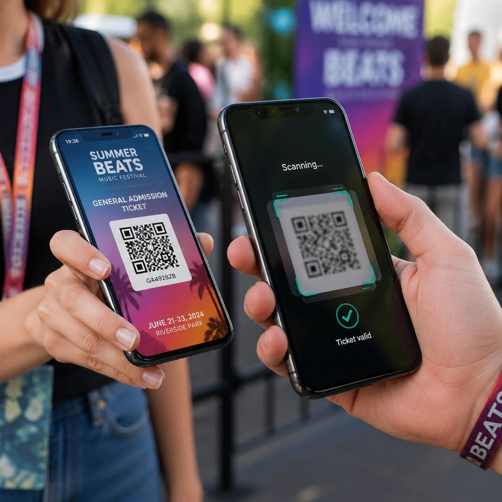 Close-up of a smartphone scanning a digital ticket on another phone at an event entrance