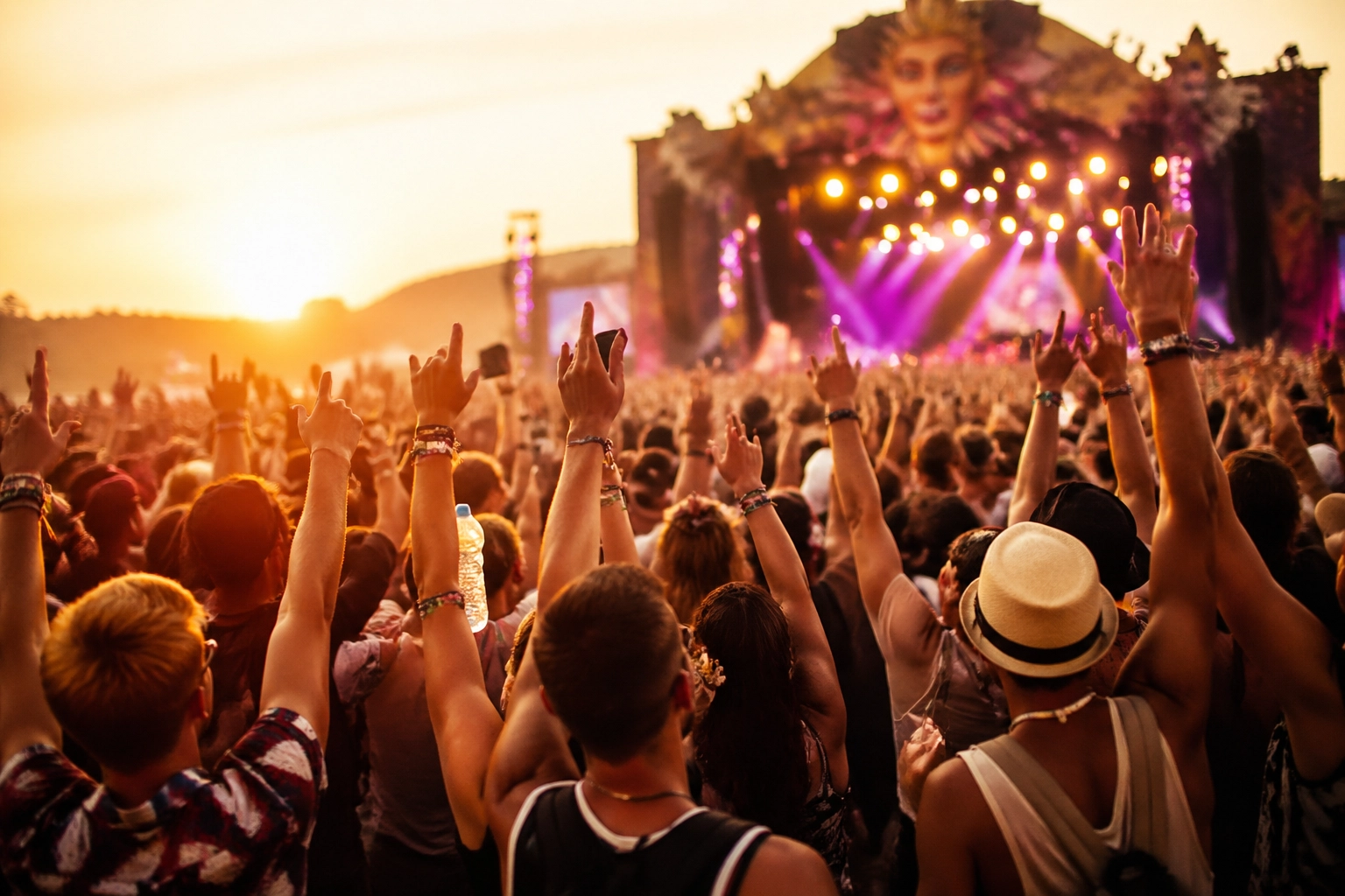 High-energy outdoor music festival at sunset with a cheering crowd