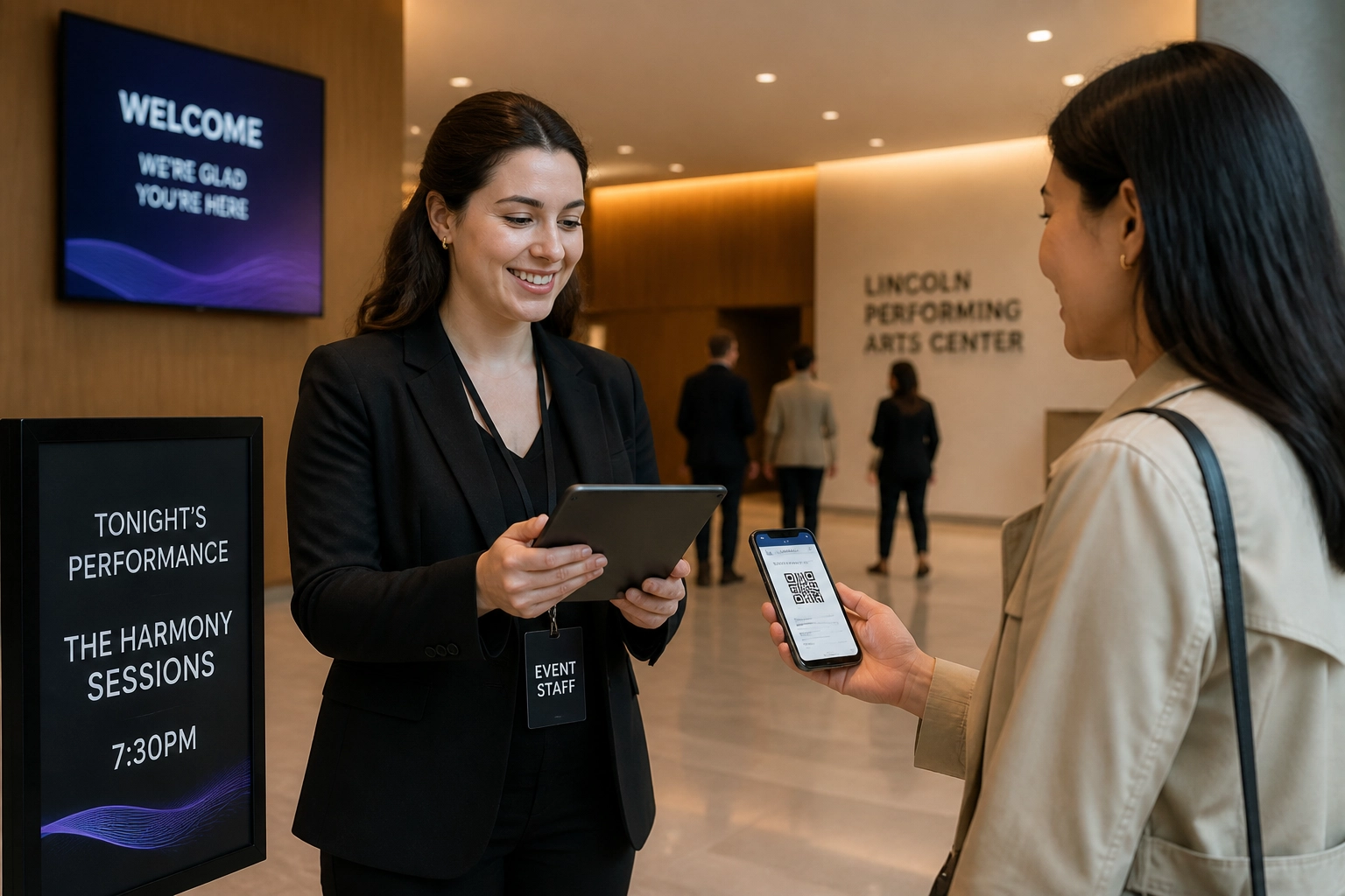 A horizontal photograph of a smooth check-in process at a performing arts venue lobby.