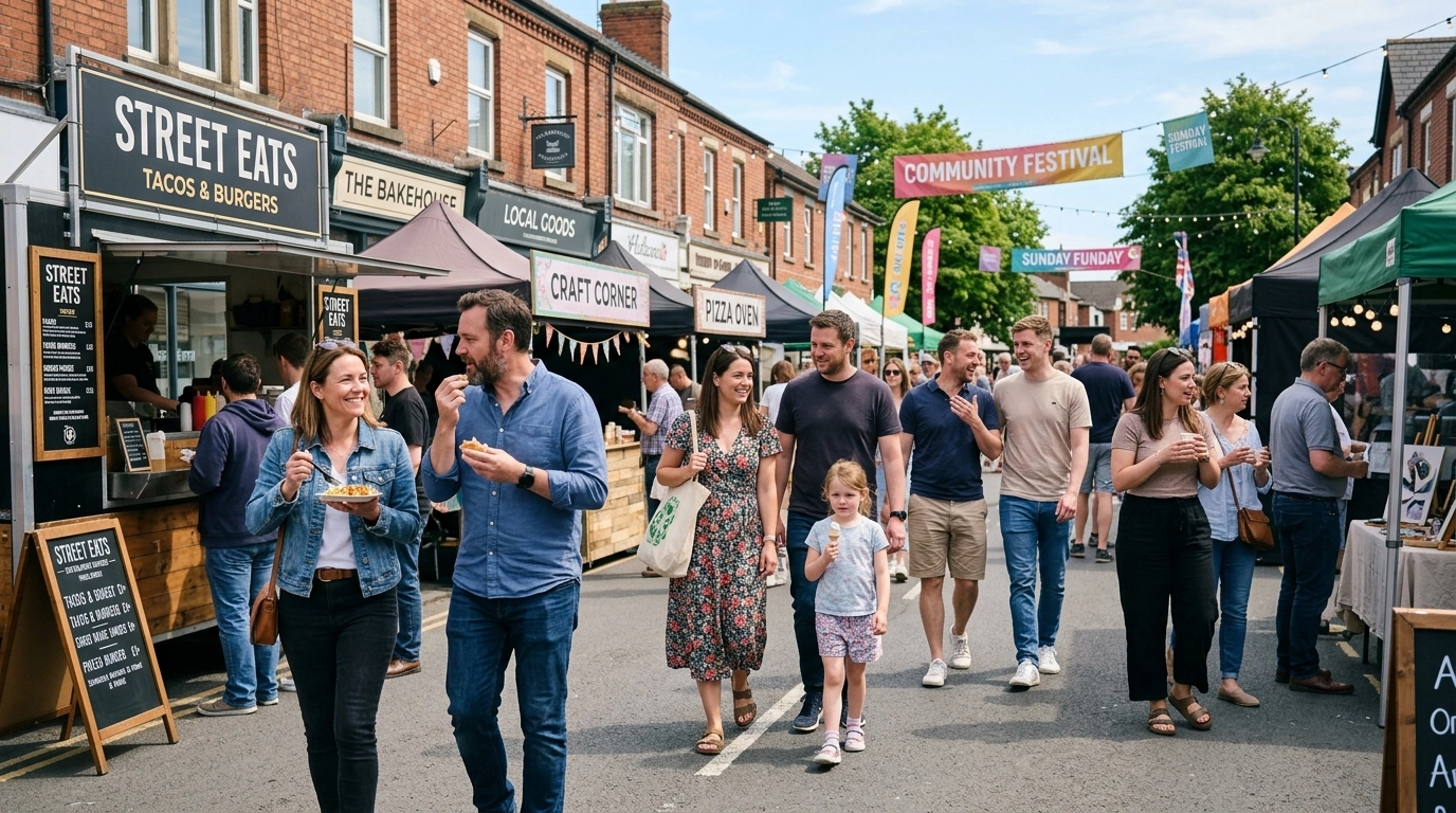 A realistic daytime photograph of a community street festival with food stalls and a balanced crowd casually enjoying the event.